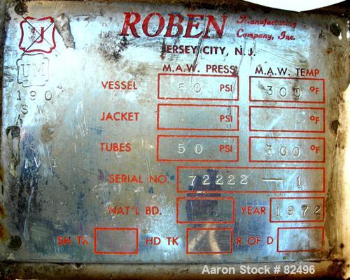 USED: Roben shell and tube heat exchanger, 36 sq ft, 304 stainless steel. 2 piece bolt together carbon steel shell rated 50 psi at 300 deg F, (40) 5/8" diameter x 5' long tubes rated 50 psi at 300 de...