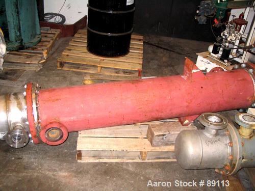 USED: Rubicon shell and tube heat exchanger, 181 square feet, vertical. Carbon steel shell rated 150 psi at 400 deg F, 316L stainless steel tubes rated 150 psi/FV at 400 deg F. 316L stainless steel h...