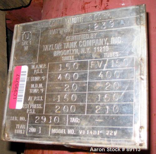 USED: Rubicon shell and tube heat exchanger, 181 square feet, vertical. Carbon steel shell rated 150 psi at 400 deg F, 316L stainless steel tubes rated 150 psi/FV at 400 deg F. 316L stainless steel h...