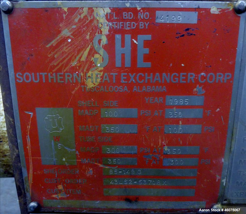 Used Southern Heat Exchanger Shell & Tube Heat Exchanger, Approximate 124 Square Feet, Horizontal. Carbon steel shell rated 100 psi at 350 degrees F. (195) 3/8" Diameter x approximate 78" long 304 st...