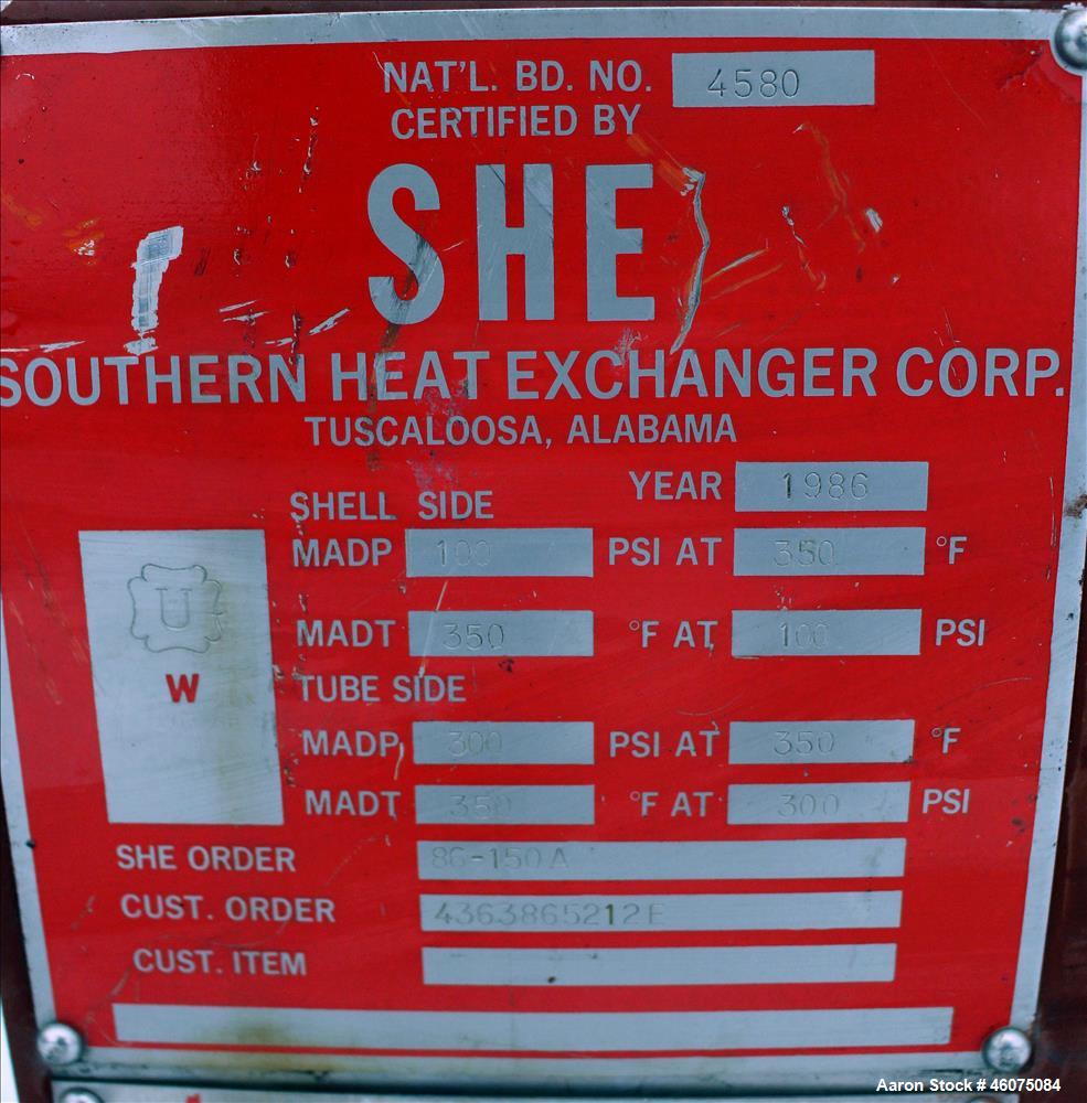 Used- Southern Heat Exchanger Shell & Tube Heat Exchanger, Approximate 124 Square Feet, Horizontal. Carbon steel shell rated...