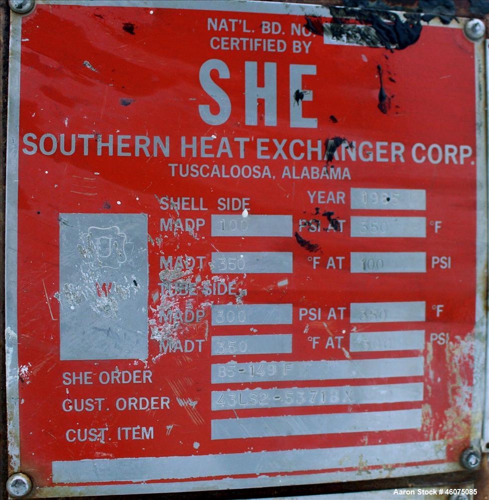 Used Southern Heat Exchanger Shell & Tube Heat Exchanger, Approximate 124 Square Feet, Horizontal. Carbon steel shell rated 100 psi at 350 degrees F. (195) 3/8" Diameter x approximate 78" long 304 st...