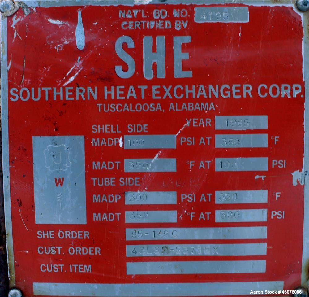 Used- Southern Heat Exchanger Shell & Tube Heat Exchanger, Approximate 124 Square Feet, Horizontal. Carbon steel shell rated...