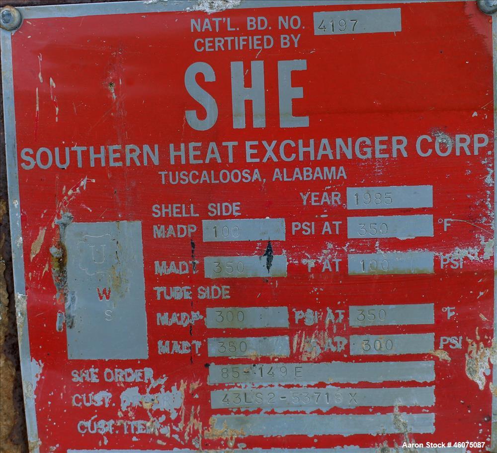 Used Southern Heat Exchanger Shell & Tube Heat Exchanger, Approximate 124 Square Feet, Horizontal. Carbon steel shell rated 100 psi at 350 degrees F. (195) 3/8" Diameter x approximate 78" long 304 st...