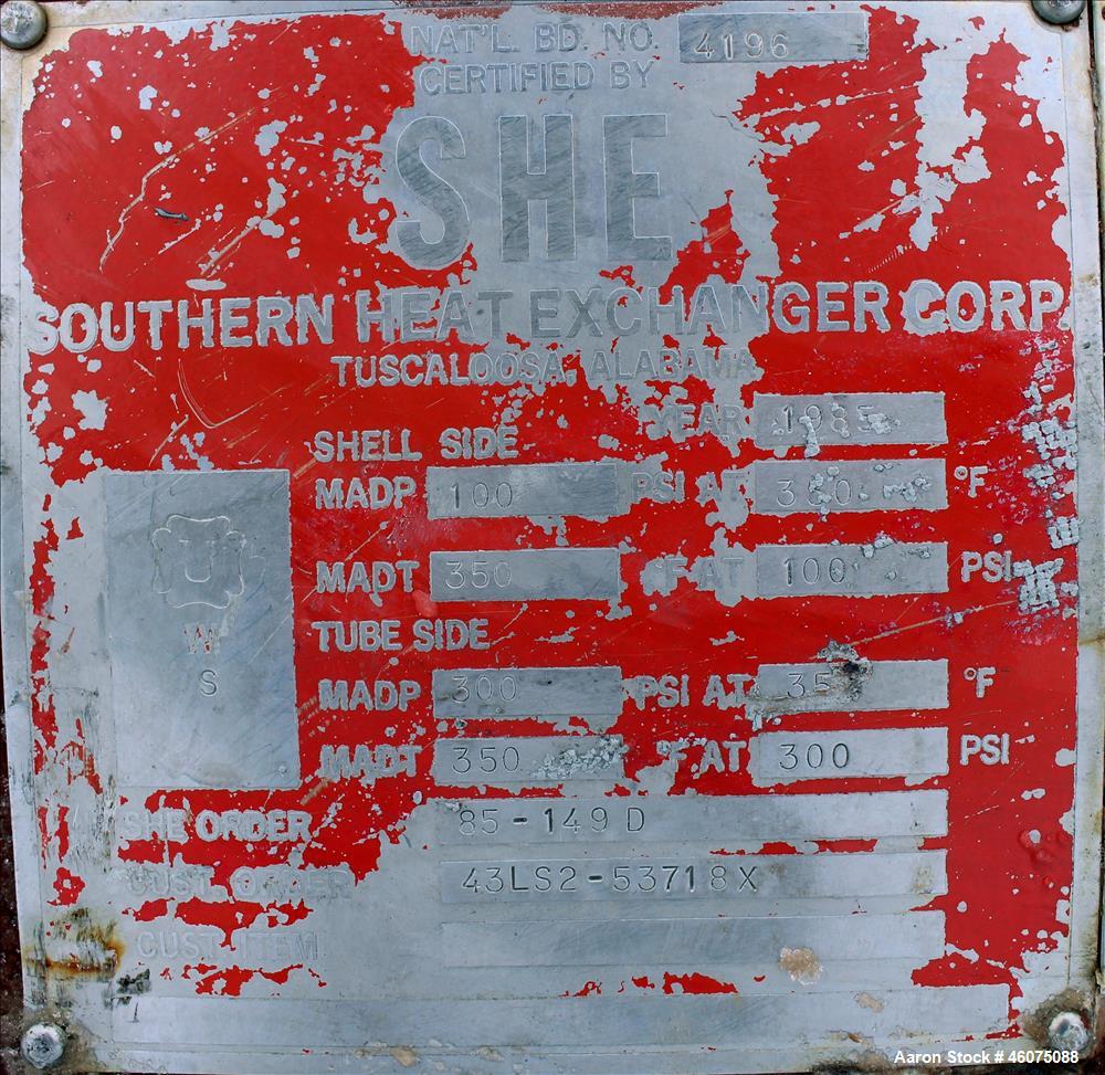 Used Southern Heat Exchanger Shell & Tube Heat Exchanger, Approximate 124 Square Feet, Horizontal. Carbon steel shell rated 100 psi at 350 degrees F. (195) 3/8" Diameter x approximate 78" long 304 st...