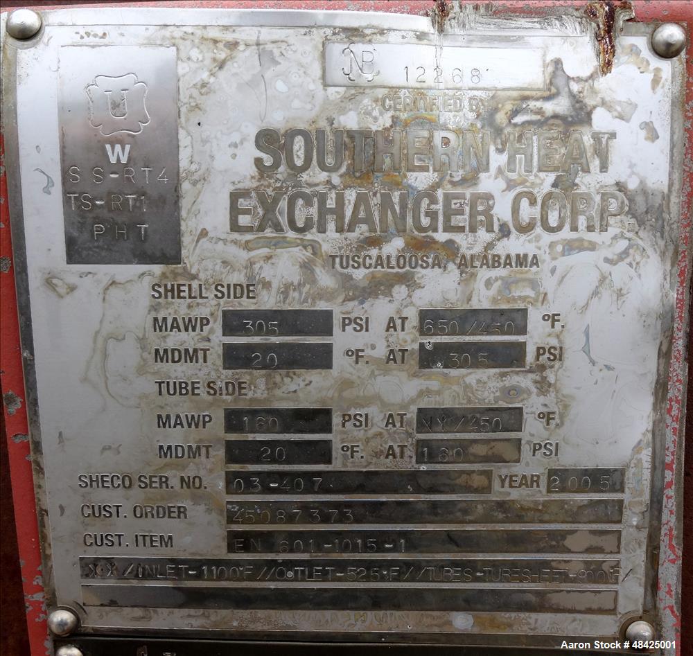 Used Southern Heat Exchanger Shell & Tube Heat Exchanger – 4,372 Sq Ft, Carbon Steel Shell, 430 SS Tubes