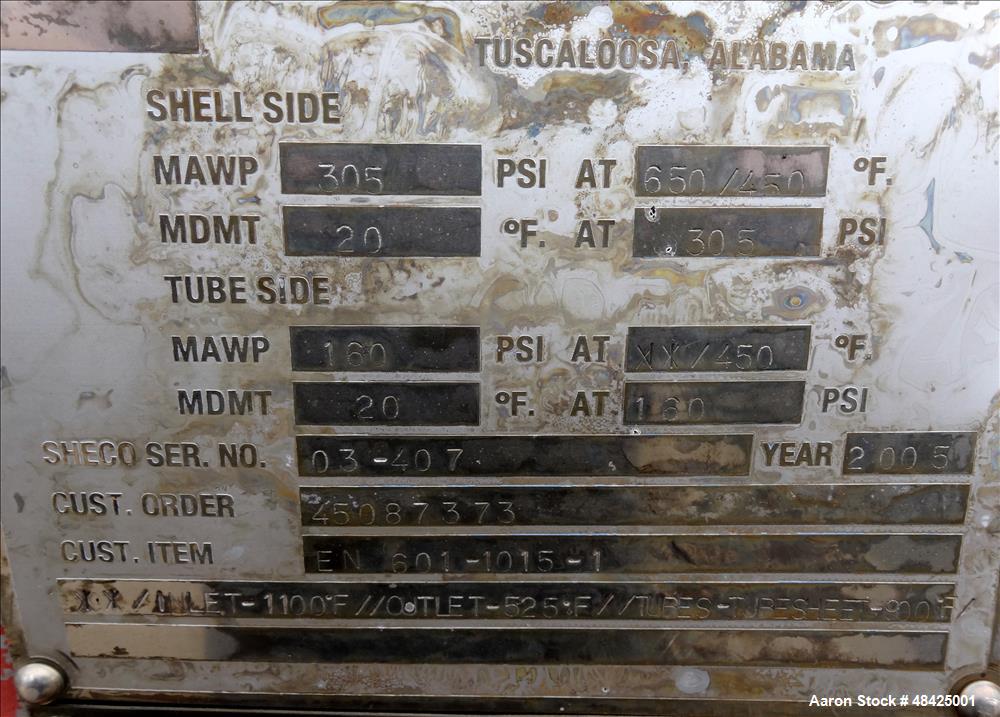 Used Southern Heat Exchanger Shell & Tube Heat Exchanger – 4,372 Sq Ft, Carbon Steel Shell, 430 SS Tubes