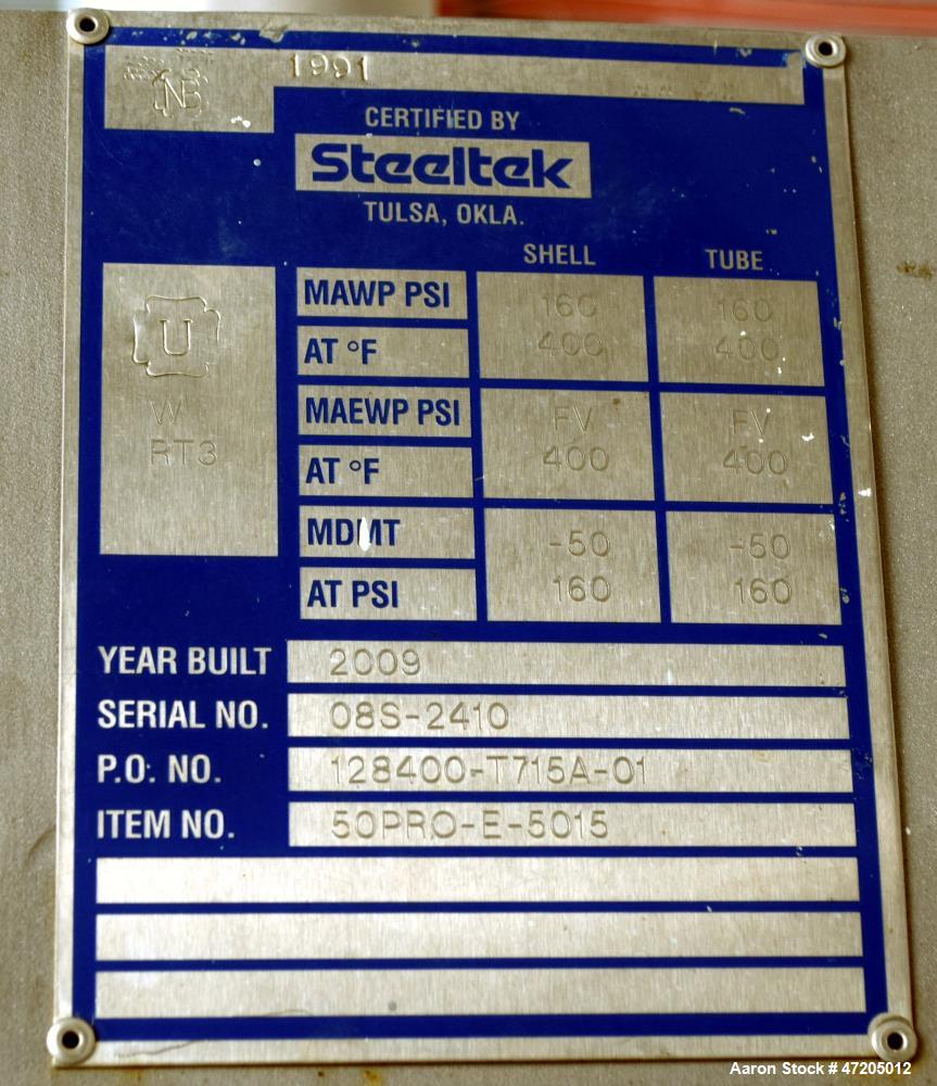 Unused- Steeltek Single Pass Shell & Tube Heat Exchanger, 166 Square Feet, Type BEM, Size 10-168, Horizontal. 304L Stainless steel shell rated 160 psi/Full Vacuum at -50 to 400 degrees F. (61) 3/4" D...
