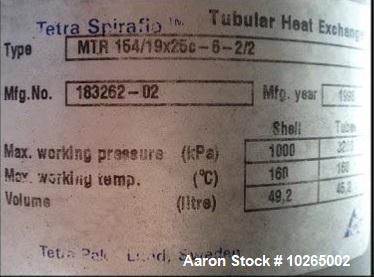 Used-Tetra Pak Spiraflo 9 Pass HTST Multi-Tube Heat Exchanger, Model MTR 154/19x25c-6-2/2