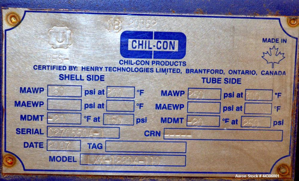 Unused- Chil-Con Products Single Pass Shell and Tube Heat Exchanger, 609 Square Feet, Horizontal, Model LXX-12204-110 Gas Cooler. Carbon steel shell rated 150 psi at -20 to 200 degrees F, (195) 5/8" ...