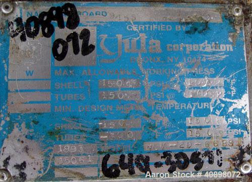 Used Yula U Tube Heat Exchanger, 58 Square Feet, Stainless Steel, Horizontal, Model WCV-2D-66BS. 316L stainless steel shell rated 150 psi at 100 deg F, and –150 deg F at 150 psi. (30) ¾’’ diameter x ...