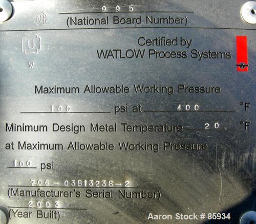 Unused- Watlow Shell and Tube Heat Exchanger, 63.5 Square Feet, Horizontal. Rated 100 PSI at 400 Degrees F. 310 stainless steel tubes.  3" inlet/outlet. Includes an electric heater control panel, 210...
