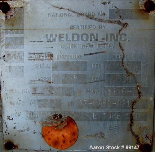 USED: Weldon single pass shell and tube heat exchanger, 18.8 square feet, vertical. 316 stainless steel shell rated 200 psi at 500 deg F. (16) 3/4" diameter x 72" long 316 stainless steel tubes rated...