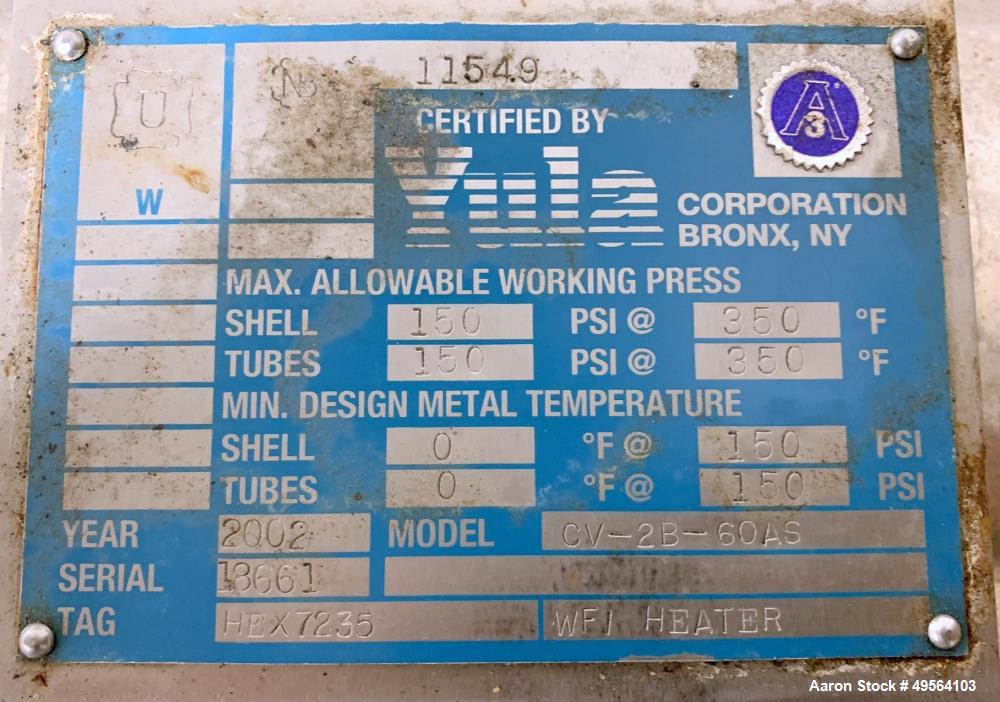 Used Yula Shell and Tube Heat Exchanger, 23 Square Feet, Model CV-2B-60AS