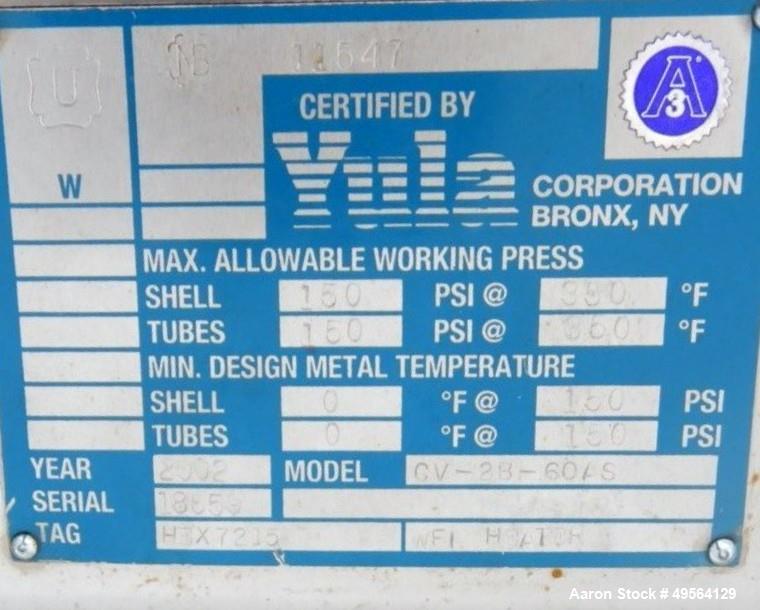 Used Yula Shell and Tube Heat Exchanger, 23 Square Feet, Model CV-2B-60AS