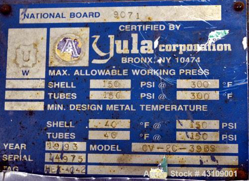 Used Yula Corporation U Tube Heat Exchanger, approximately 16 square feet, horizontal, model CV-2C-39BS. Carbon steel shell rated 150 psi at 300 degrees F. (13) 3/4 diameter x 39" long 316L stainless...