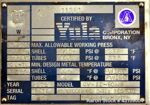 Used Yula Corporation U Tube Heat Exchanger, approximately 103 square feet, horizontal, model CV-2D-60AAS. Carbon steel shell rated FV/150 psi at 375 degrees F.  (80) 1/2’’ diameter x 60" long 316L s...