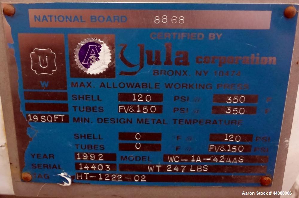 Used Yula Corporation Vertical Single Pass Shell & Tube Heat Exchanger, 19 Square Feet, Model WC-1A-42AAS