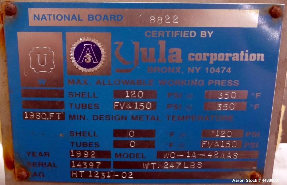 Used Yula Corporation Single Pass Shell & Tube Heat Exchanger, 19 Square Feet, Vertical, Model WC-1A-42AAS