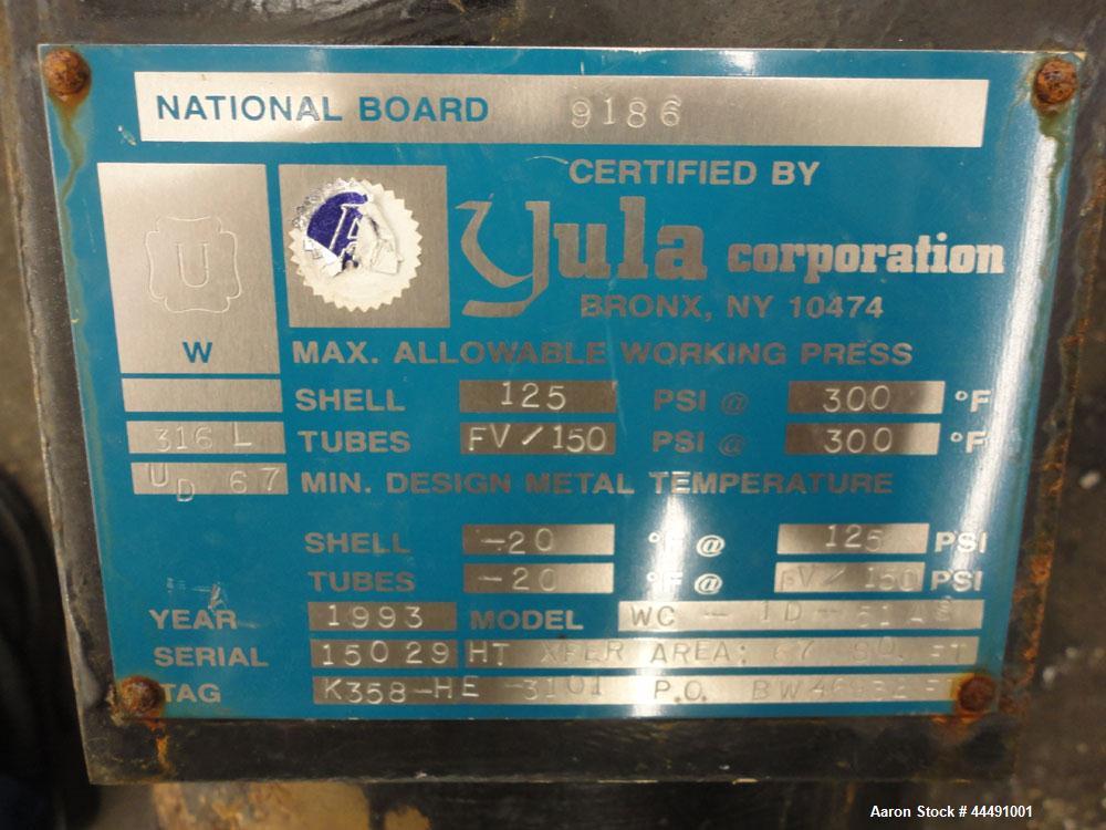 Used (INSTALLED BUT NEVER USED PER ELI LILLY) Yula Corporation Single Pass Shell & Tube Heat Exchanger, 67 Square Feet, Vertical, Model WC-1D-51AS. Carbon steel shell rated 125 psi at -20 to 300 degr...