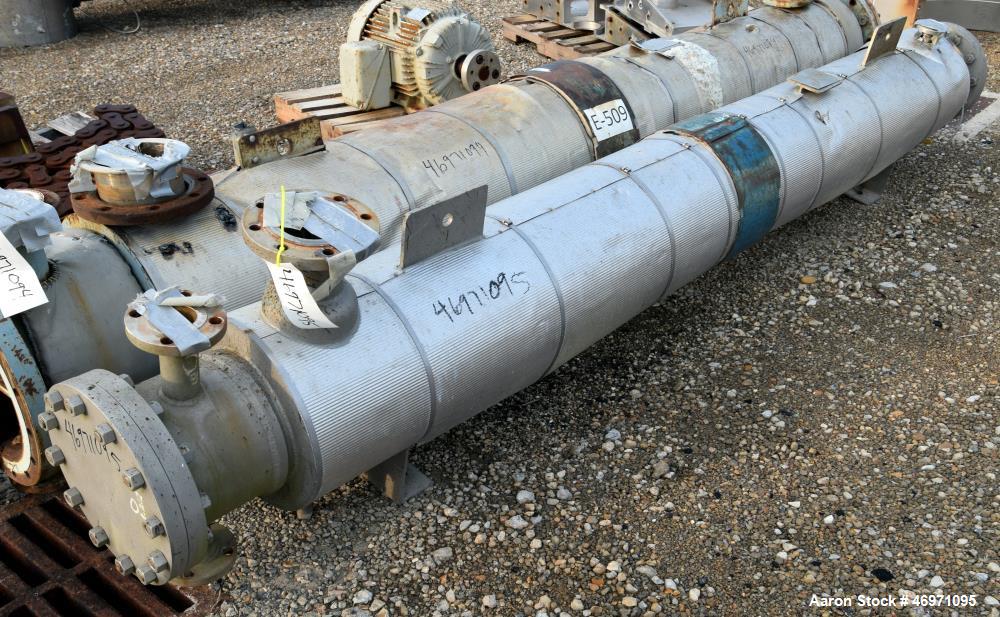 Used Yula 2 Pass Shell & Tube Heat Exchanger, 58 Square Feet, Model WC-2D-120BS, 316L Stainless Steel, Horizontal. 316L Stainless steel shell rated 100 psi at 40 to 500 degrees F. (36) 3/4" diameter ...