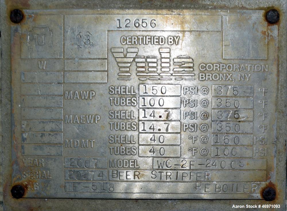 Used Yula 2 Pass Shell & Tube Heat Exchanger, Approximately 238 Square Feet, Model WC-2F-240CS, 304L Stainless Steel, Horizontal. 304L Stainless steel shell rated 150 psi at 40 to 375 degrees F. (76)...