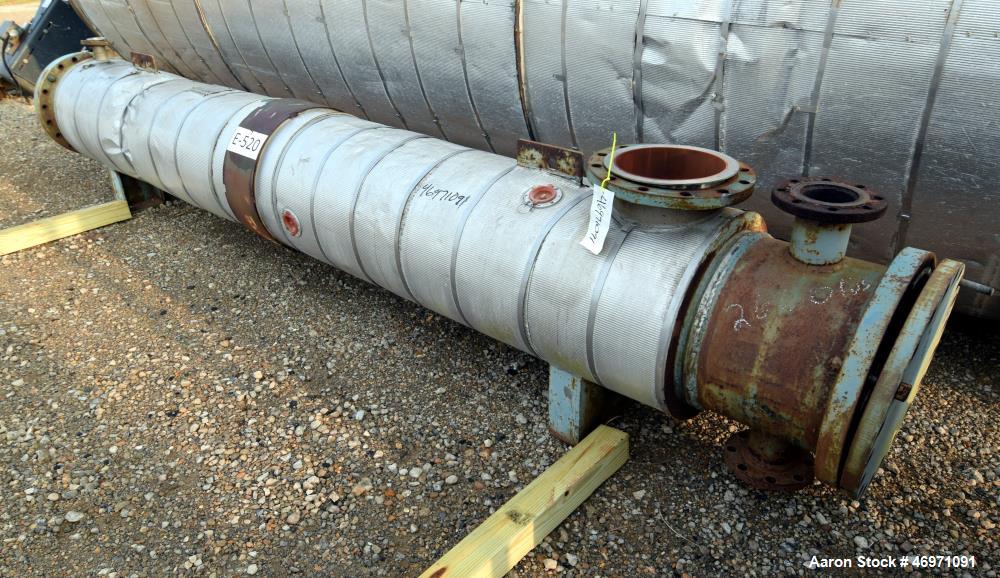Used Yula 2 Pass Shell & Tube Heat Exchanger, 302 Square Feet, Model WC-2H-144BS, 304L Stainless Steel, Horizontal. 304L Stainless steel shell rated 75 psi at 40 to 250 degrees F. (130) 3/4” diameter...