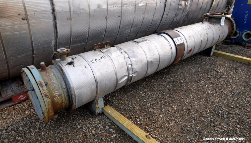 Used Yula 2 Pass Shell & Tube Heat Exchanger, 302 Square Feet, Model WC-2H-144BS, 304L Stainless Steel, Horizontal. 304L Stainless steel shell rated 75 psi at 40 to 250 degrees F. (130) 3/4” diameter...