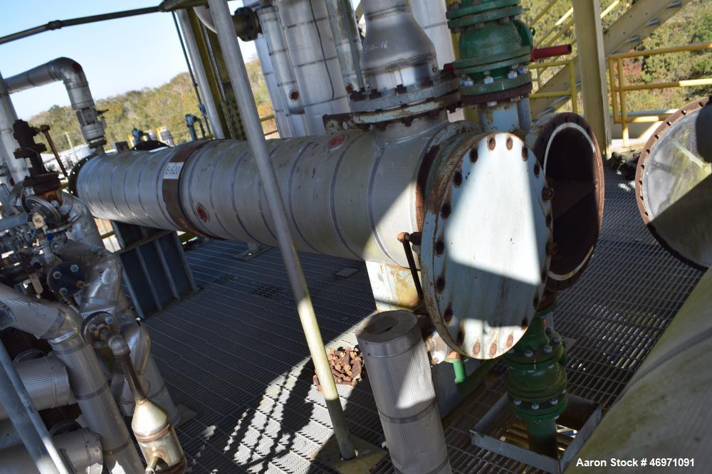 Used Yula 2 Pass Shell & Tube Heat Exchanger, 302 Square Feet, Model WC-2H-144BS, 304L Stainless Steel, Horizontal. 304L Stainless steel shell rated 75 psi at 40 to 250 degrees F. (130) 3/4” diameter...