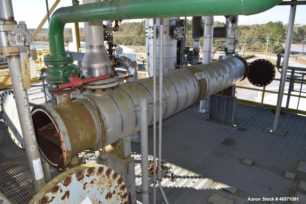 Used Yula 2 Pass Shell & Tube Heat Exchanger, 302 Square Feet, Model WC-2H-144BS, 304L Stainless Steel, Horizontal. 304L Stainless steel shell rated 75 psi at 40 to 250 degrees F. (130) 3/4” diameter...