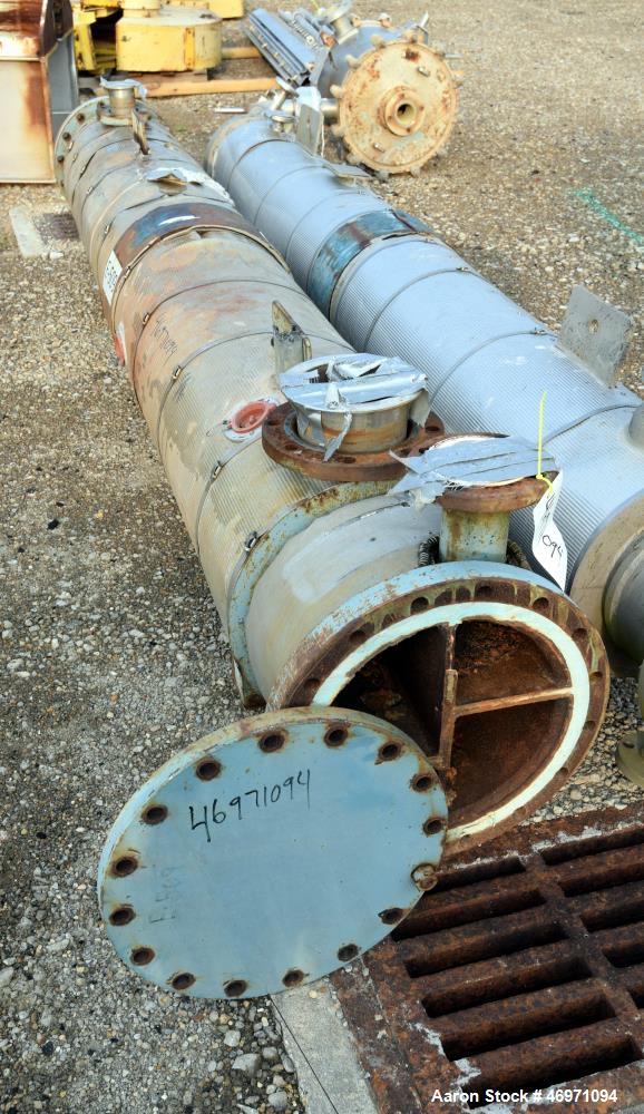Used Yula 6 Pass Shell & Tube Heat Exchanger, 196 Square Feet, Model WC-6F-120BS, 304L Stainless Steel, Horizontal. 304L Stainless steel shell rated 80 psi at 40 to 250 degrees F. (102) 3/4” diameter...
