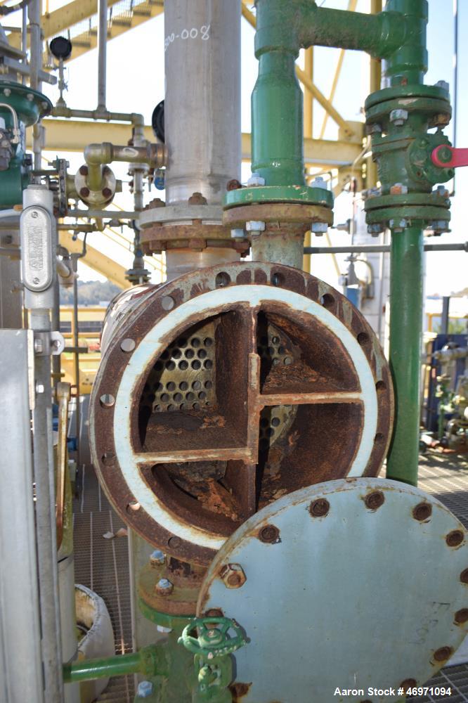 Used Yula 6 Pass Shell & Tube Heat Exchanger, 196 Square Feet, Model WC-6F-120BS, 304L Stainless Steel, Horizontal. 304L Stainless steel shell rated 80 psi at 40 to 250 degrees F. (102) 3/4” diameter...