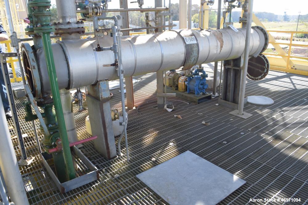Used Yula 6 Pass Shell & Tube Heat Exchanger, 196 Square Feet, Model WC-6F-120BS, 304L Stainless Steel, Horizontal. 304L Stainless steel shell rated 80 psi at 40 to 250 degrees F. (102) 3/4” diameter...
