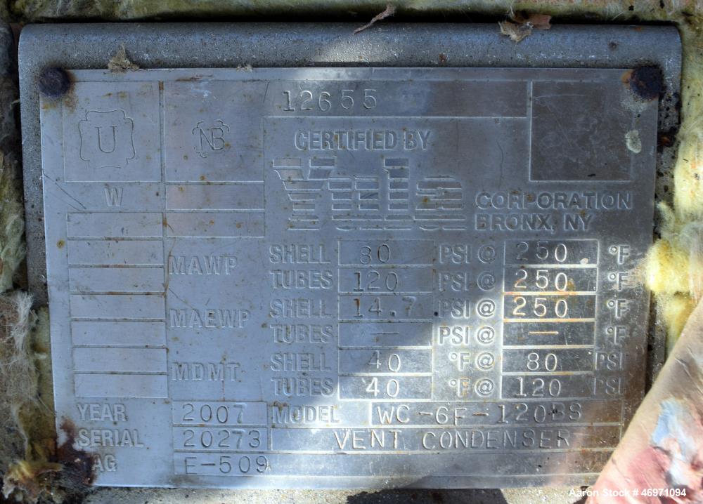 Used Yula 6 Pass Shell & Tube Heat Exchanger, 196 Square Feet, Model WC-6F-120BS, 304L Stainless Steel, Horizontal. 304L Stainless steel shell rated 80 psi at 40 to 250 degrees F. (102) 3/4” diameter...