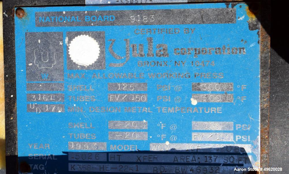 Used Yula U Tube Heat Exchanger, 137 Square Feet, Model WCV-10F-120BS