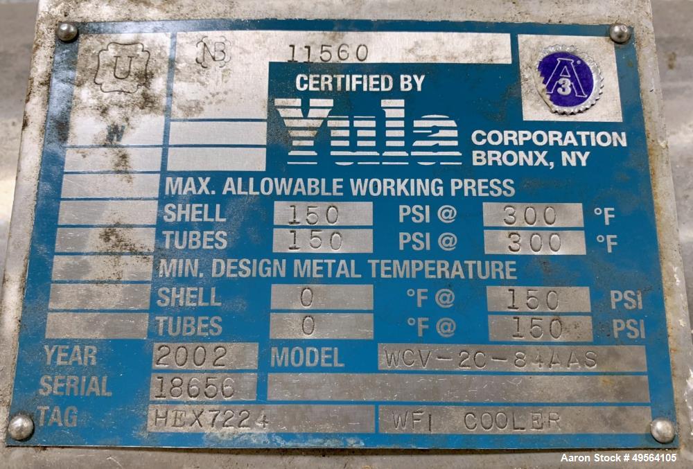 Used Yula Shell and Tube Heat Exchanger, 82 Square Feet, Model WCV-2C-84AAS