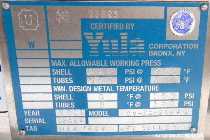 Used Yula Shell and Tube Heat Exchanger, 82 Square Feet, Model WCV-2C-84AAS