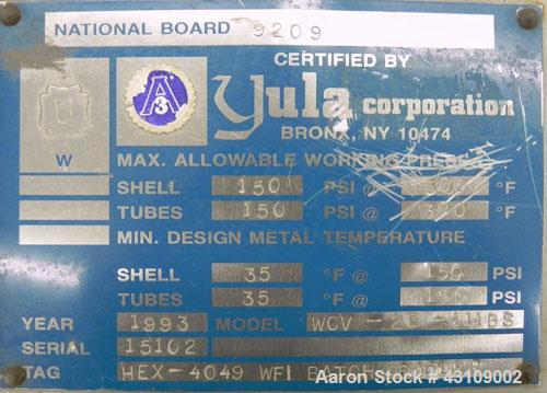 Used Yula Corporation U Tube Heat Exchanger, approximately 156 square feet, horizontal, model WCV-2E-111BS. 304L Stainless steel shell rated 150 psi at 300 degrees F.(42) 3/4’’ diameter x 111" long 3...
