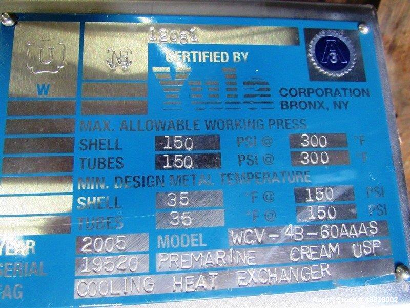 Used Yula Mdl. WCV-48-60AAAS Pre Marine Cream USP Cooling Heat Exchanger, Ser. #19520, Mfg. 2005, National Board #12081, MAWP Shell 150 PSI @ 300º F tubes, 150 PSI @ 300º F, 11" dia. X 69" L, MDMT sh...