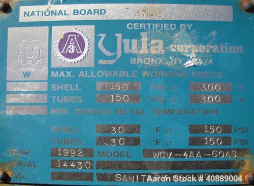 Used Yula U Tube Heat Exchanger, ModelWCV-4AA-60AS. Approximately 3.68 square feet, horizontal. Carbon steel shell rated 150 psi at 300 deg F. (4) 5/8'' diameter x 60" long 316L stainless steel tubes...