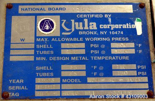 Used Yula Corporation U Tube Heat Exchanger, approximately 71 square feet, horizontal, model WCV-6C-90AS.304L Stainless steel shell rated 150 psi at 300 degrees F.(26) 5/8’’ diameter x 90" long 316L ...