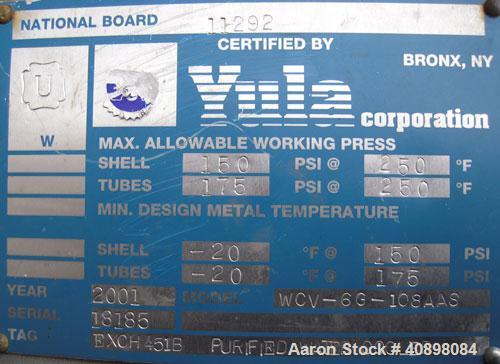 Used Yula U Tube Heat Exchanger, Model WCV-6G-108AAS, 433 Square Feet, 316 L Stainless Steel.  304 L stainless steel shell rated 150 psi at  250 deg.f.. (186) 1/2" diameter x 9' long 316L stainless s...