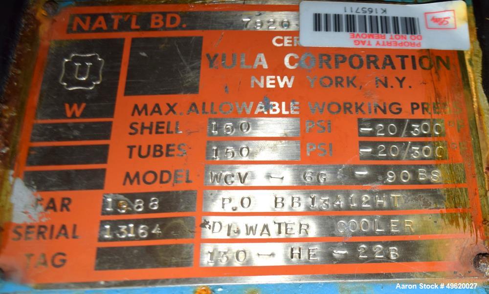 Used- Yula U Tube Heat Exchanger, 246 Square Feet, Model WCV-6G-90BS, Horizontal. Carbon steel shell rated 150 psi at -20 to...