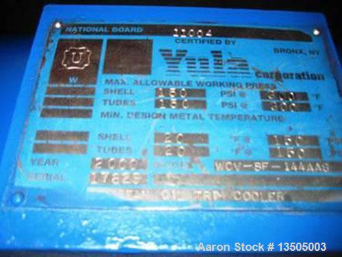 Used-Yula Shell and Tube Heat Exchanger, Model WCV-8J-144A2S. Design shell and tube for 150 psi @ 300 deg F. 724 square foot...