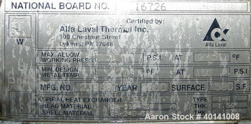 Used: Alfa Laval Thermal American heat treat spiral heat exchanger, 580 square feet, type 1-H, carbon steel heads.  Internal: 316L stainless steel, 1.56" thick rated 150 psi @ 275 deg F/ -20 deg F @ ...