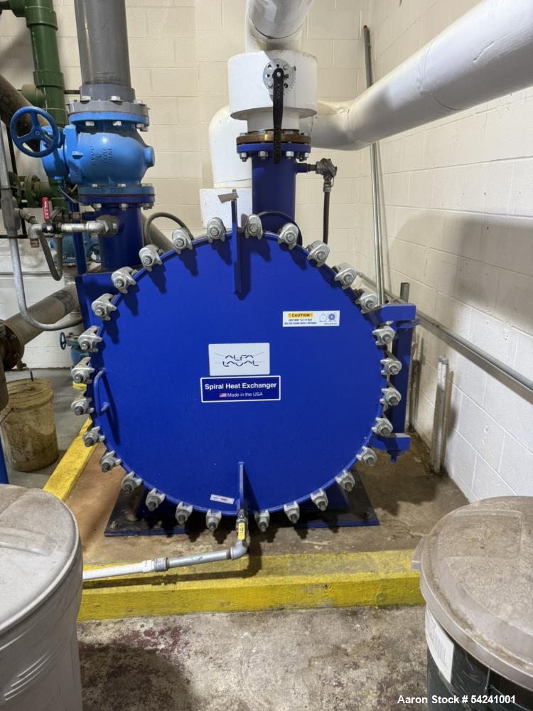 Alfa Laval Spiral Heat Exchanger, Approximately 150 sqft. Rated 50 psi. Stainless steel.