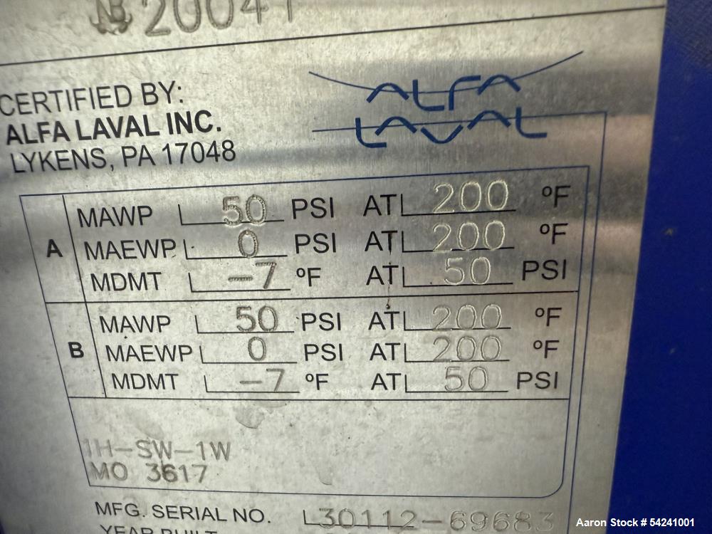 Alfa Laval Spiral Heat Exchanger, Approximately 150 sqft. Rated 50 psi. Stainless steel.