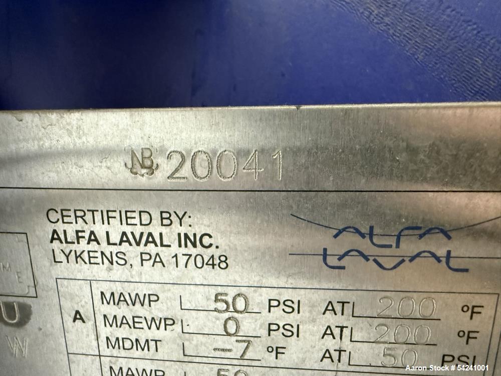 Alfa Laval Spiral Heat Exchanger, Approximately 150 sqft. Rated 50 psi. Stainless steel.