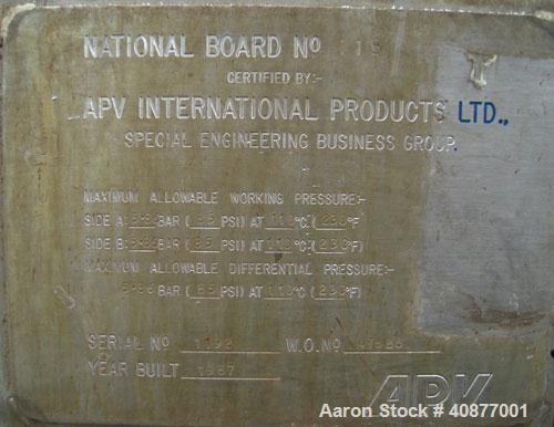 Used APV International Limited Horizontal Spiral Heat Exchanger, Type 1. 2413 square feet, 316 stainless steel shell. Hot and cold side rated 85 psi at 230 deg F. Carbon steel removable heads. Openin...