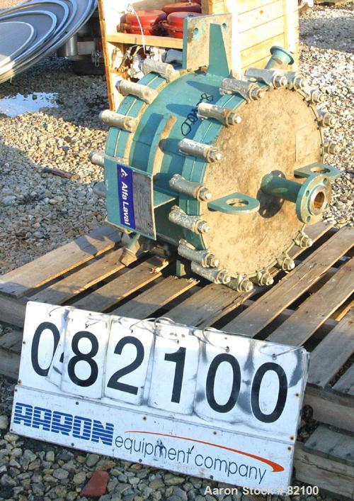 USED: Alfa Laval Spiral Heat Exchanger, 50 square feet, model 1-C, 304 stainless steel on product contact. Rated 75 psi at 400 deg F. Openings: hot side inlet/outlet 3"/2"; cold side inlet/outlet 2";...